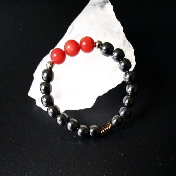 Red Coral + Gray Hematite Beads ~ S 7.5  - Boho + Casual - Cool Calm + Collected - Picture 4 of 6